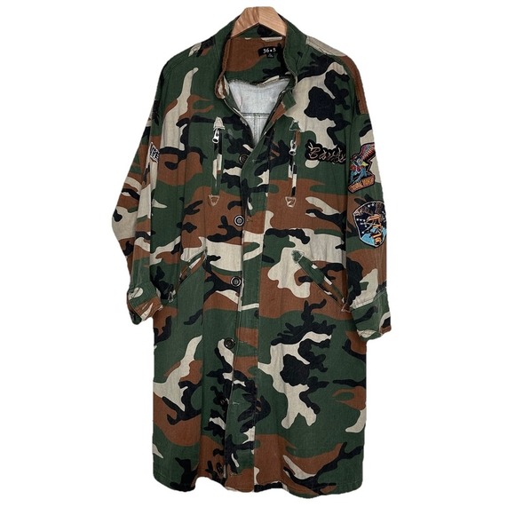 36.5 Women M Camouflage Jacket Coat Up Cycled Patches Grunge Punk Western Goth - Picture 1 of 8